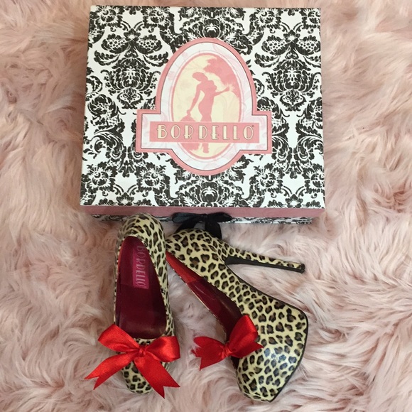 Bordello Shoes - Bordello Leopard Print Heels with Red Bow